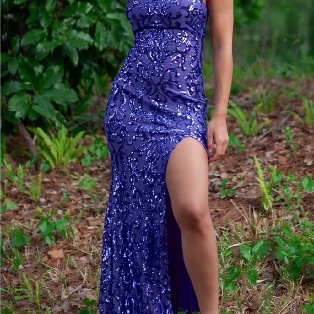 Windsor Royal Purple Sequin Prom Gown with High Slit